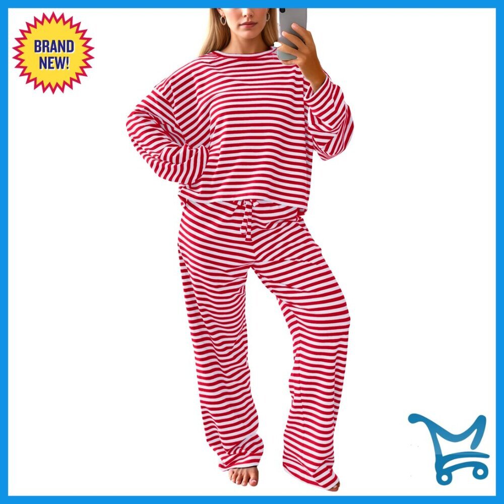 Striped Lounge Set Long Sleeve Tee Wide Leg Pants Matching Pajamas Comfortable